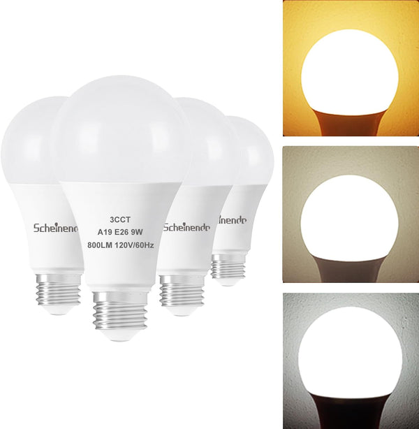 A19 3-Color LED Light Bulbs, Warm White, Daylight, Natural White, 9W (60 Watt Equivalent), 800 Lumen, E26 Base, 4 Pack