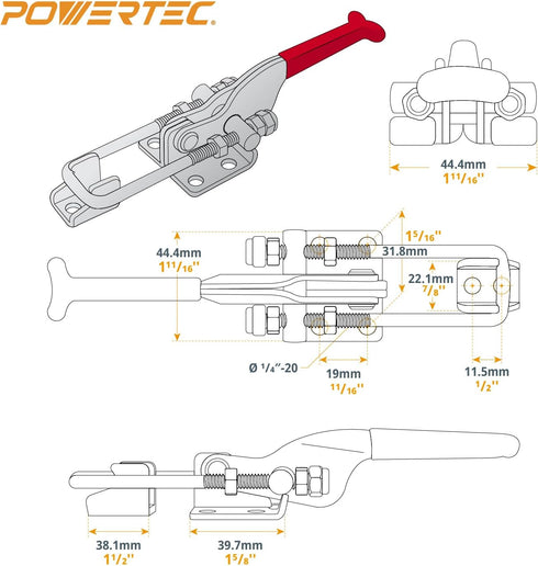 POWERTEC 1PK Toggle Clamp, 700 lbs Holding Capacity, 431 Adjustable U Bolt Latch with Antislip Hand Grip for Woodworking