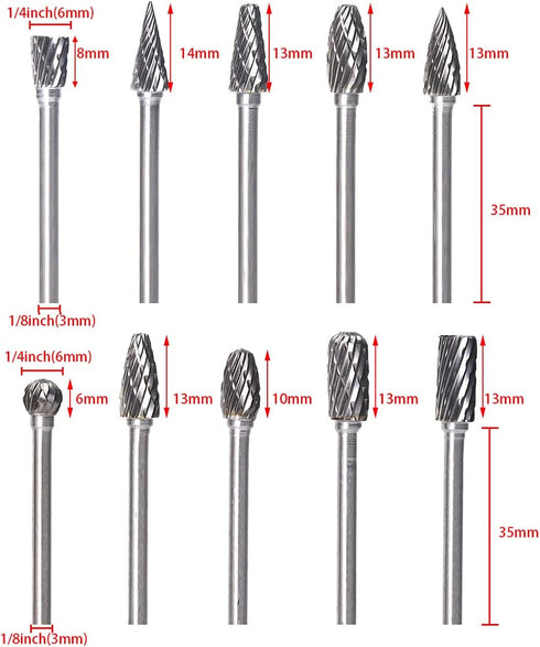 ATOPLEE 1/8" Shank Carbide Burr Bits - 10PCS Tungsten Carbide Rotary Tool for DIY, Metal Grinding