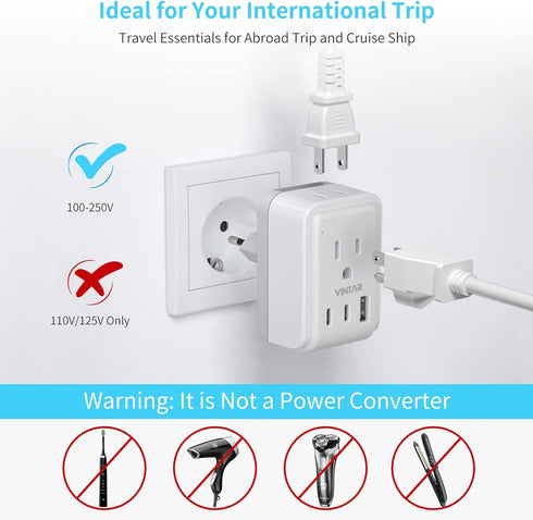 VINTAR European Travel Plug Adapter Kit, UK Power Adapter with 3 USB Ports & 2 American Outlets, Type C, G, H