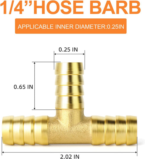 GASHER 10 Pieces Brass Hose Barb Tee, 3-Way Hose Fitting (1/4" x 1/4" x 1/4")