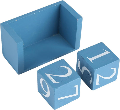European Perpetual Wooden Calendar, Desktop Block Wood Calendar DIY Yearly Planner, 9.4 x 5.2 x 4.1cm (Blue)
