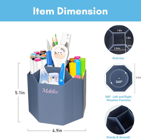 Desk Organizer, 360° Rotating 5 Compartment Marker Pen Holder, Makeup Brush Holder for Office, Classroom, Home (Grey)
