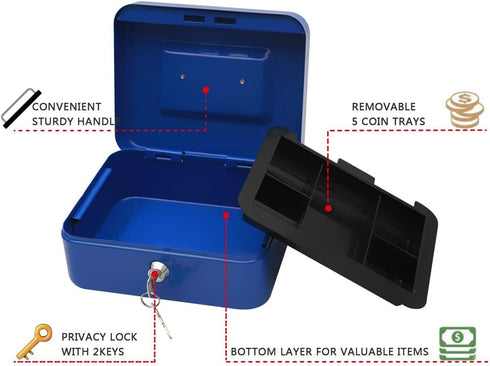 KYODOLED Cash Box with Money Tray,Storage Safe Lock Box with Key,Cash Drawer,7.87"x 6.30"x 3.54" Blue Medium by KYODOLED