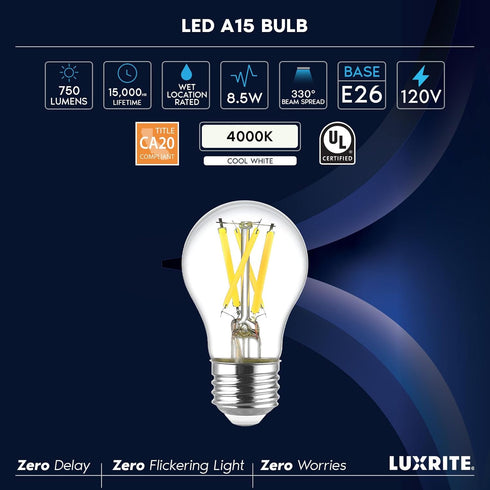 A15 Bulb, 60W 8.5W, Dimmable, 750 90, E26, 20, (4000K 6 Count (Pack 1)) LUXRITE Edison LED Equivalent, Enclosed Fixture