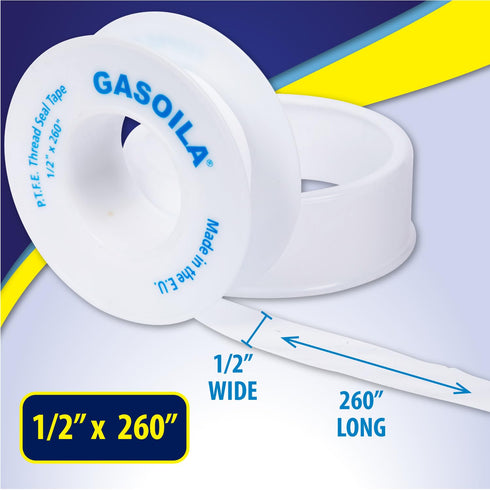 Gasoila PTFE Thread Seal Tape – Low-Density, 1/2 Inch x 260 Inch, Professional-Grade for Plumbing, Pack of 5