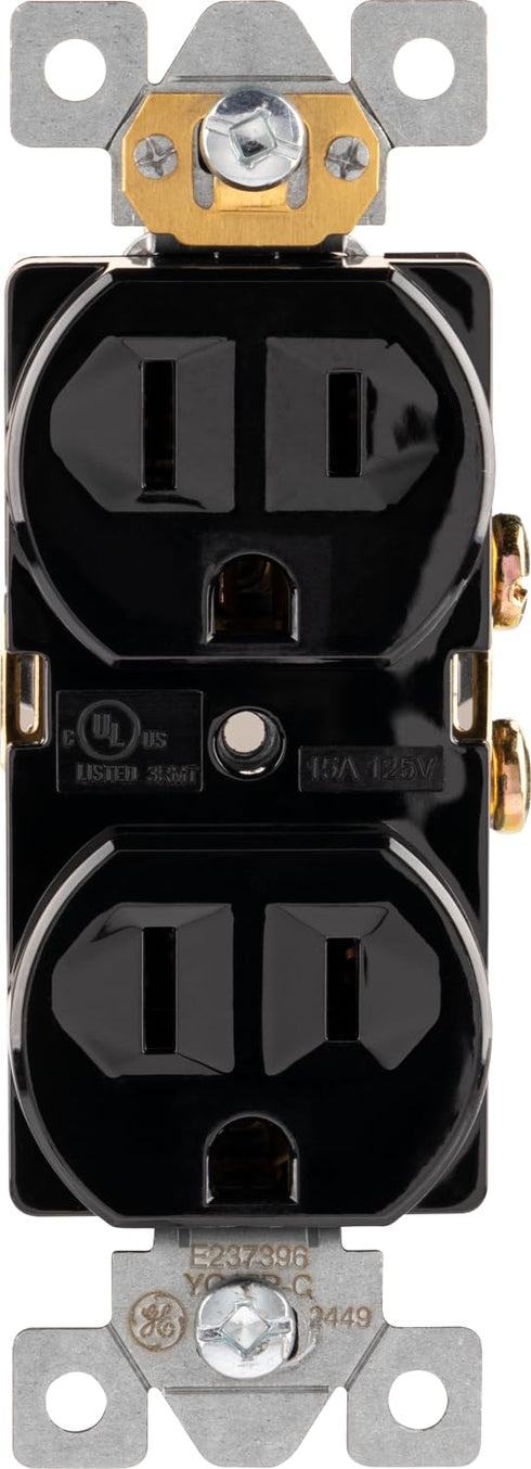 15A 125V, 3 85845 GE Grounding Duplex Heavy-Duty Receptacle, Black Outlet, Electrical Wall Receptacle Outlet, Supports