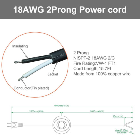 FILSHU 4.8M/15.7FT 2-Prong end,3A 125VAC NISPT-2 18AWG 2/C, On/Off Foot Switch Pedal with Power Cord, Polarized Plug