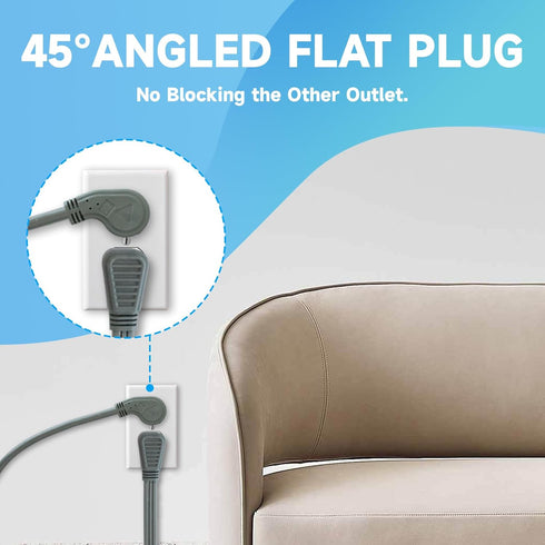 1 Ft Flat Plug Extension Cord, 16 AWG 3 Prong Grounded Low Profile Extension Cable, 3 Outlet Extension Wire Grey