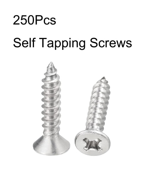 KA 250PCS 3.5 X 16mm Flat Head Self Tapping Screw, Phillips Cross Recessed Threaded Wood Screws, 304 Stainless Steel