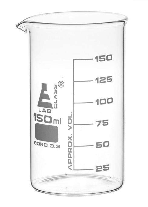 EISCO Beaker, 150ml - Tall Form with Spout, 25ml Graduations, Borosilicate 3.3 Glass