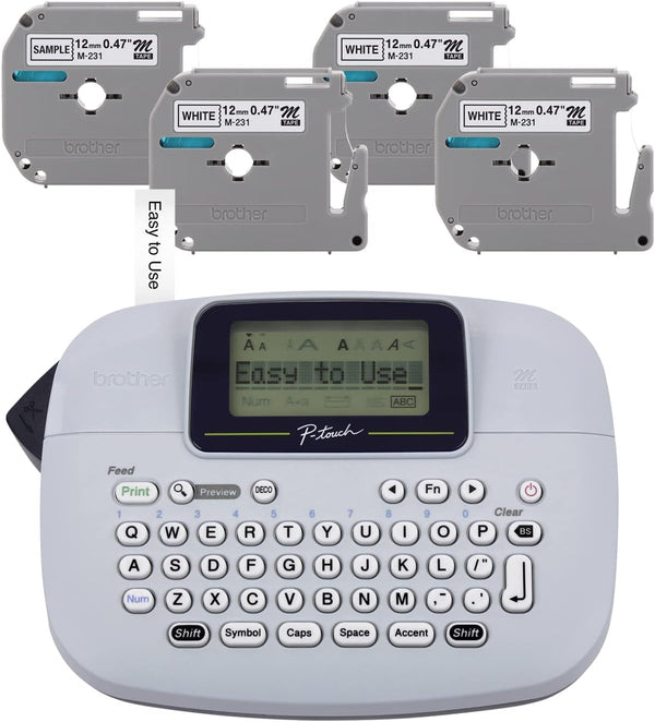 Brother PT-M95 P-Touch Monochrome Label Maker Bundle with 4 Label Tapes, White