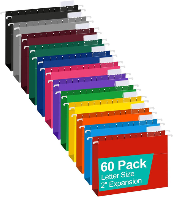 HERKKA Extra Capacity Hanging File Folders, 60 Pack, Reinforced Letter Size, 2 Inch Expansion for Bulky Files, 12