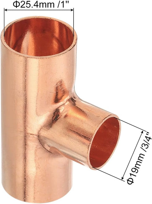 uxcell Copper Reducing Tee, 1-inch x 3/4-inch x 1-inch, 3pcs Copper Pressure Pipe Fitting Connector