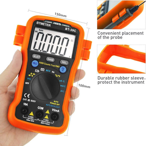 BTMETER BT-39C True RMS Digital Multimeter, Auto Ranging for AC DC Voltage, Current, Resistance Tester