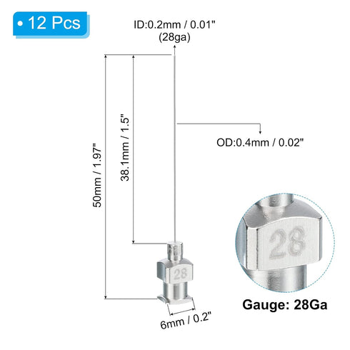 PATIKIL 28Ga x 1.5 Inch Stainless Steel Dispensing Needle Tips, 12Pcs Metal Glue Needle Tube Blunt Tips Luer Lock for Thick Glue Ink Lab, Silver