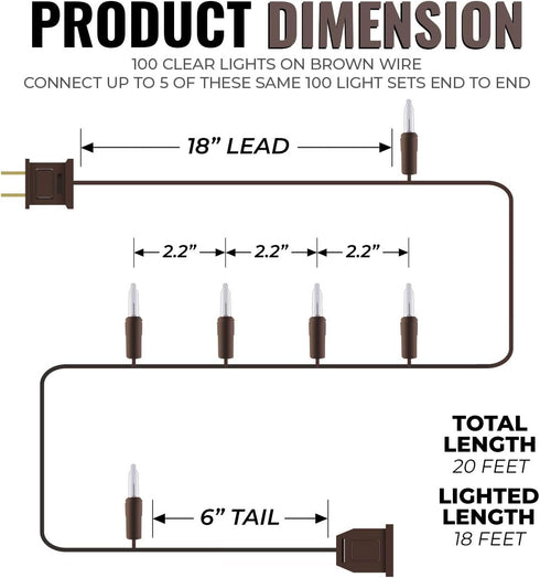 612 100 18 20 (Pack 2) Vermont Clear Mini Christmas String Lights on Brown Wire Cord, UL Approved for Indoor/Outdoor