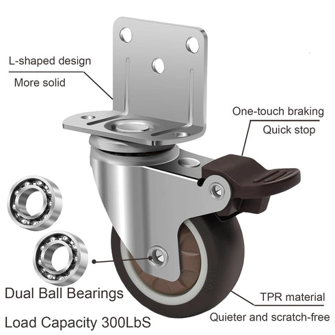 2 Inch Set 4,Rubber 300 LBS. Side Mount Casters of L-Shaped Small casters,Caster Wheels for Furniture casters,Crib