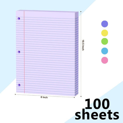AILZFEI 100 8 10.5 3-Hole 3-Ring 8" 10.5" Purple Loose Leaf Paper Sheets Colored Filler Paper * College Ruled Paper