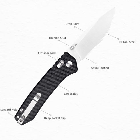 Pocket Folding EDC Knife: 3.14" D2 Steel Sharp Blade, G10 Scales, Crossbar Axis Lock, Reversible Clip, Black, Great