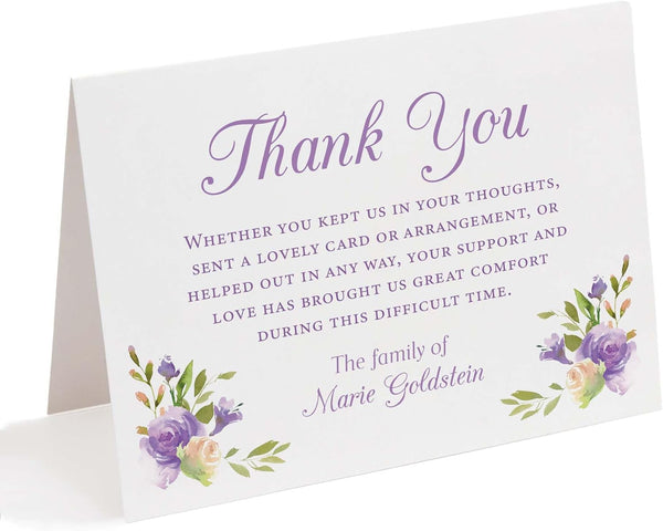 Purple Flowers Sympathy Thank You Cards, Custom Funeral Thank You Cards with