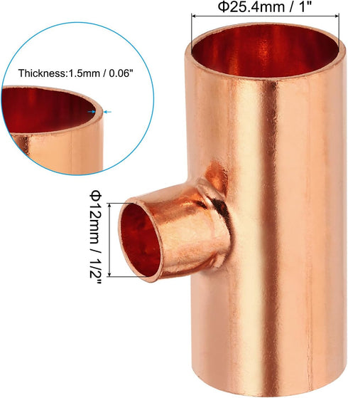 PATIKIL 1" x 1/2" x 1" ID Reducing Tee Copper Fitting, 1pcs 99.9% Pure Copper Pipe Tube Connector Adapter with Sweat