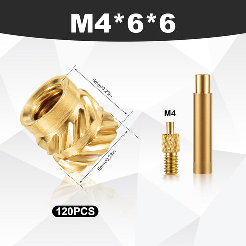 120pcs 3D Printing Knurled Brass Nuts, M4x6x6mm Threaded Inserts Heat Set Insert Tip for M4 & 1 Welding Adapter Heat Embedment Nut Printing Accessories Compatible with Weller SP40NUS and T18 Irons