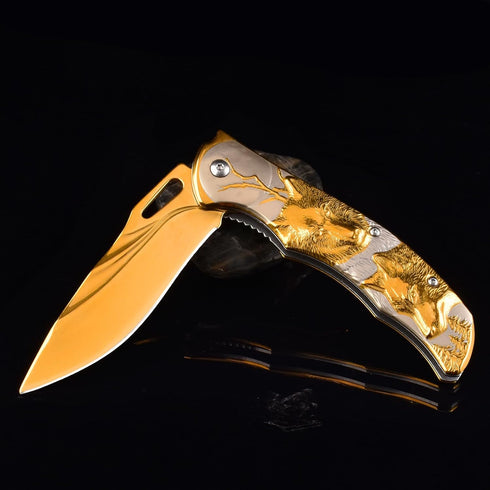 Pocket Knife for Men - Folding Knife with Clip & 3D TITANIUM PLATED WOLF Relief, Gold EDC Knife