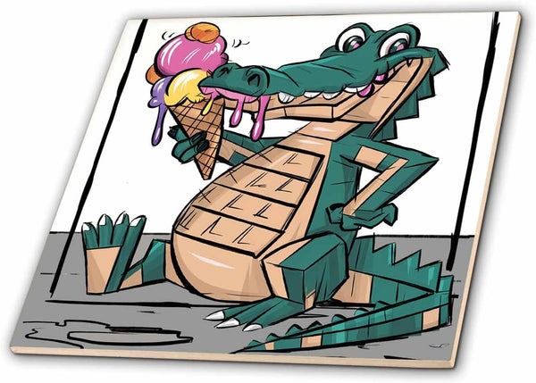 3dRose Funny Cute Cool Alligator Eating Ice Cream Cone Beach Abstract Art