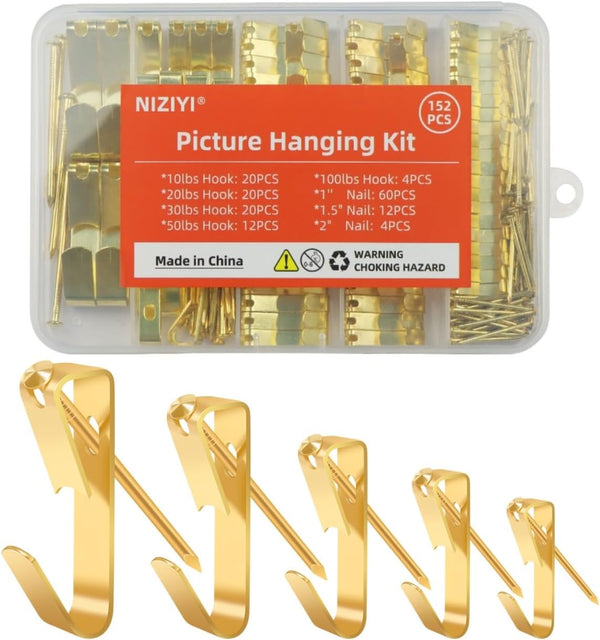 152Pcs Picture Hanging Kit - Heavy Duty Hooks with Nails for Pictures, Paintings, Mirrors, Wall Art Mounting