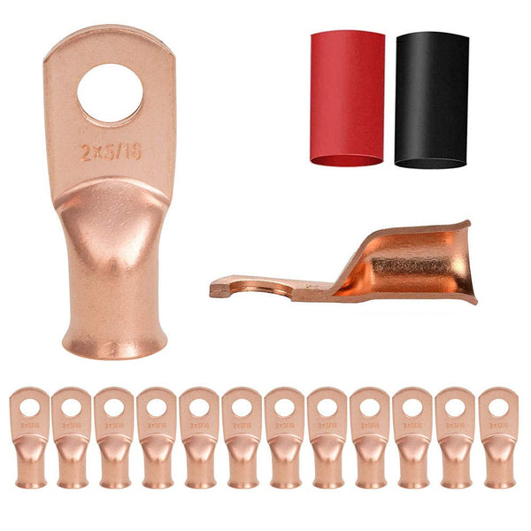12PCS 2x5/16 Copper Ring Terminal Connectors, 2 AWG Heavy Duty Battery Cable Ends with 12 PCS Heat Shrink Tubing
