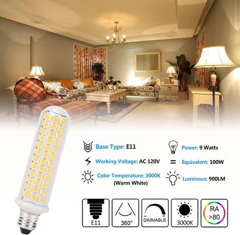 E11 LED Dimmable Light Bulb 9W, 100W Equivalent Halogen Replacement Bulbs, Warm White 3000K, E11 Mini Candelabra Base Corn Bulbs JD T3 T4 120V for Indoor Chandeliers Ceiling Fan by SZHZS