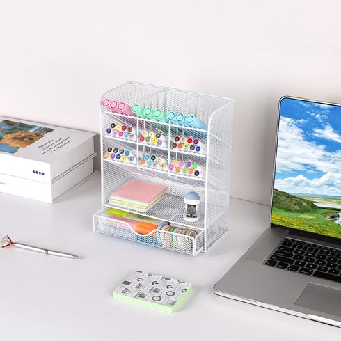 Spacrea Desk Organizer Pen Holder - White, 10 Compartments and 1 Drawer, Desk Organizers and Accessories