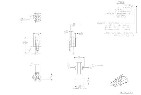 2-Circuits .093" - MOLEX Connector, 5 Matched Set, 14-20 AWG, Free Hanging with Lock