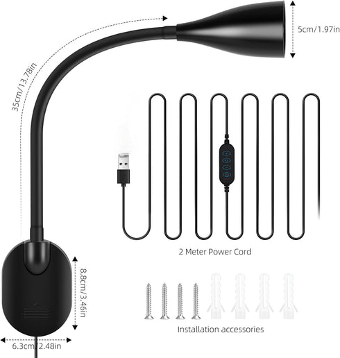 10-Level Dimmable 5 LiFMIRA Wall-Mounted LED Bedside Reading Light with USB Charging Port, & Adjustable Color, Plug