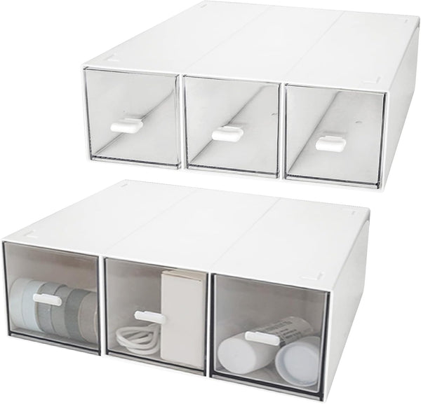 CertBuy 2 Pack Desk Organizer, Stackable Storage Drawers with 6 Compartments for Makeup Storage, White Plastic Desk