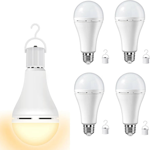 Rechargeable Light Bulbs, 9W Battery Operated LED, 600 Lumen 3000K Warm White, for Power Outage, 4 Pack