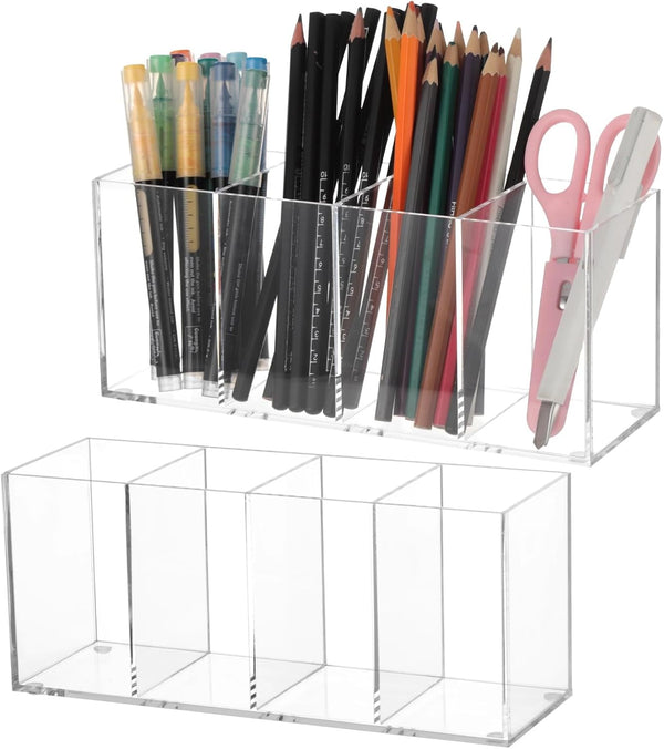 Toyosport 2 Pcs Acrylic Pen Holders, Clear Plastic Pencil Holders, 4-Compartment Desktop Stationery