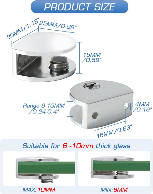 6-10mm 4 Alise Glass Shelf Bracket Adjustable Shower Brackets,Heavy Duty Rectangle Clamp Holder for Glass Shelves,Wall