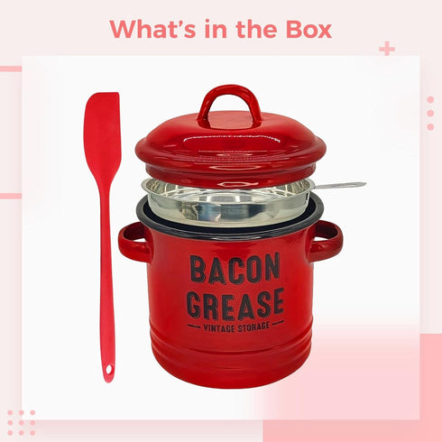 Red Enamel Grease Container with Strainer & Spatula - Perfect for Cooking Oil and Bacon