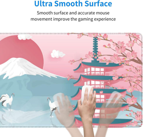 Japanese Ocean Waves Gaming Mouse Pad XL - Non Slip Rubber Base, Stitched Edges, Extended Large Desk Pad (31.5 x 11.8