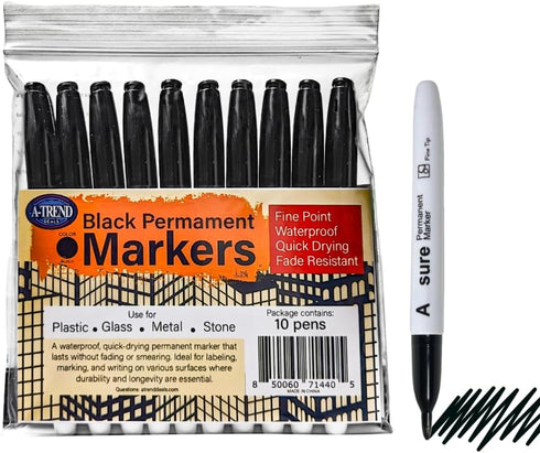 A-Trend Deals 10 Pack Black Permanent Felt Waterproof Markers, Fine Point, Fade Resistant, Writes on Plastic, Metal