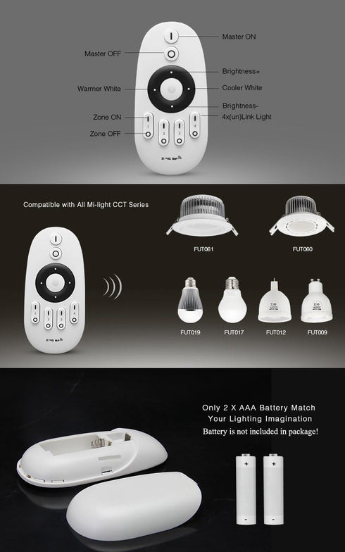 FUT007 4-Zone FUT035 FUT036 LGIDTECH Mi.Light CCT WW+CW Remote Controller (Battery Not Included) for Milight/Miboxer