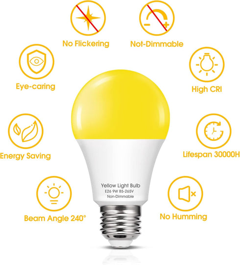 Yellow LED Bug Light Bulbs, A19 Outdoor 60W Equivalent, 9W Yellow Amber Bug Lights, E26 Base, Non-Dimmable, 4 Pack