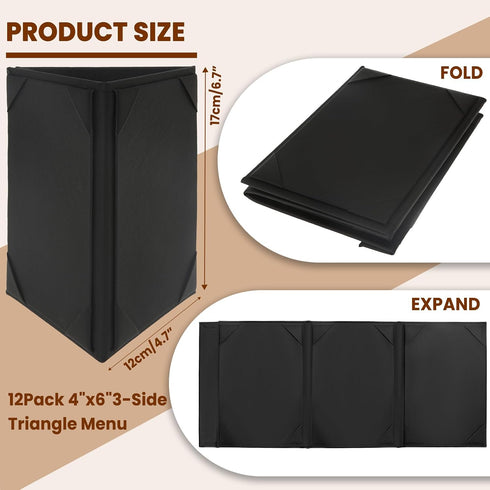 12 Pack 4x6 Inch, 3-Sided Table Tent Triangle Menu Holders PU Leather Menu Covers for Restaurant, Bar, Cafe, Wedding