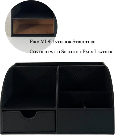 UnionBasic Multifunctional Desk Organizer, Leather Desktop Pen Holder for Business Cards, Pens, Mobile Phones, Black