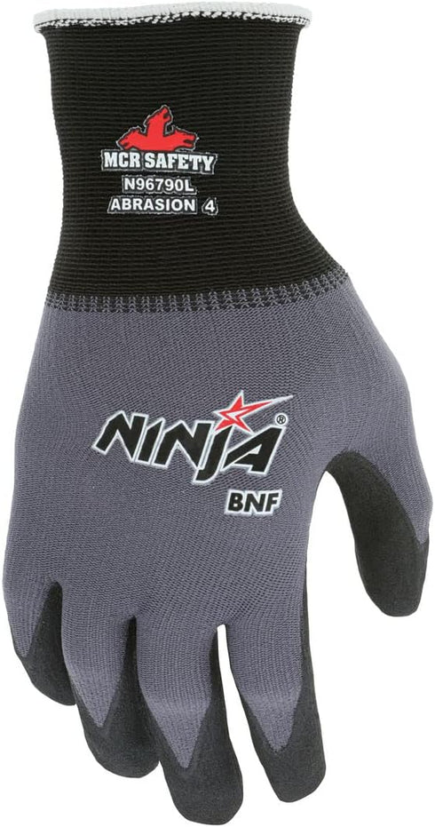 MCR Safety N96790XL Ninja BNF Work Gloves - 15 Gauge Nylon/Spandex Shell, NFT Coated Palm & Fingertips, Black/Grey, XL
