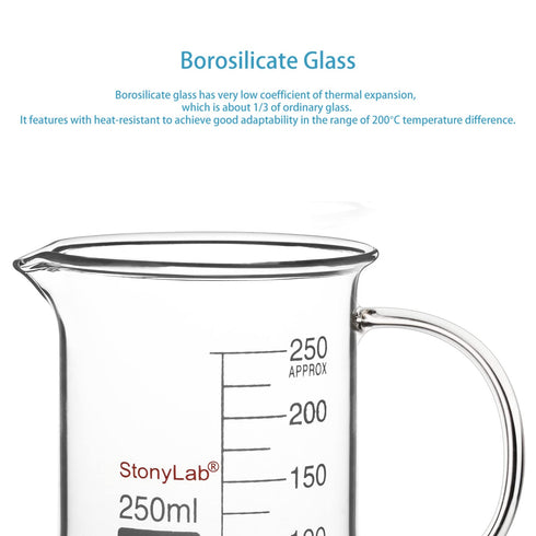 stonylab Glass Beaker with Handle, Borosilicate Graduated Low Form Griffin Beaker with Pouring Spout, 250 ml
