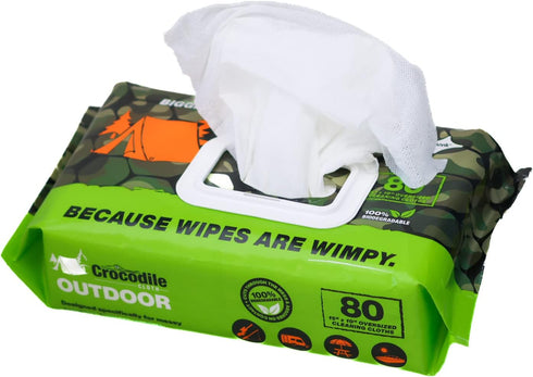 Crocodile Cloth Outdoor - 80 (15" x 10") Biodegradable Cleaning Wipes. Safe on Skin & Multiple Surfaces. Infused with Aloe & Vitamin E. Large, Pre-Moistened & Absorbent.
