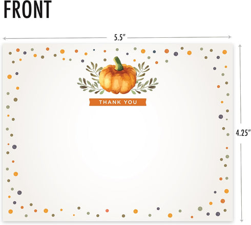 Koko Paper Co. Fall Pumpkin Thank You Cards – 25 Flat Note Cards with Envelopes for Baby Shower, Thanksgiving & More